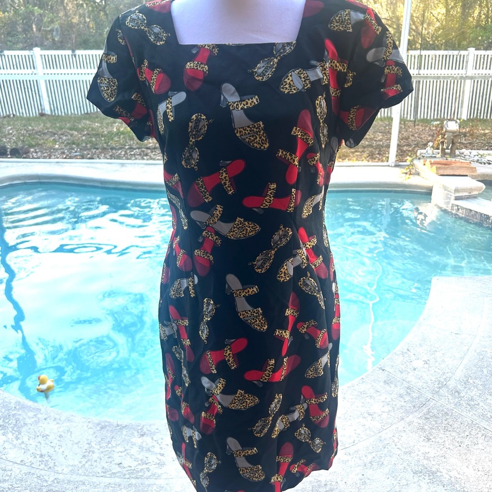 Jessica Howard Vintage 1990’s Black Dress with Red and Gold Leopard shoes
